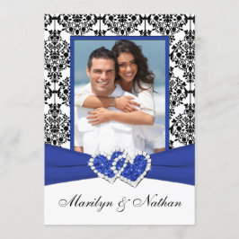 青、白、黒のダマスクの写真結婚式招待状 招待状