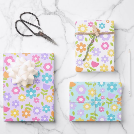 青、紫、ピンク色の数々の春の花 ラッピングペーパーシート (正面)
