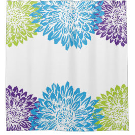 青、紫、ライムグリーンの花 シャワーカーテン