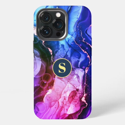 青、紫、赤紫の液体インク、モノグラム iPhoneケース (裏面)