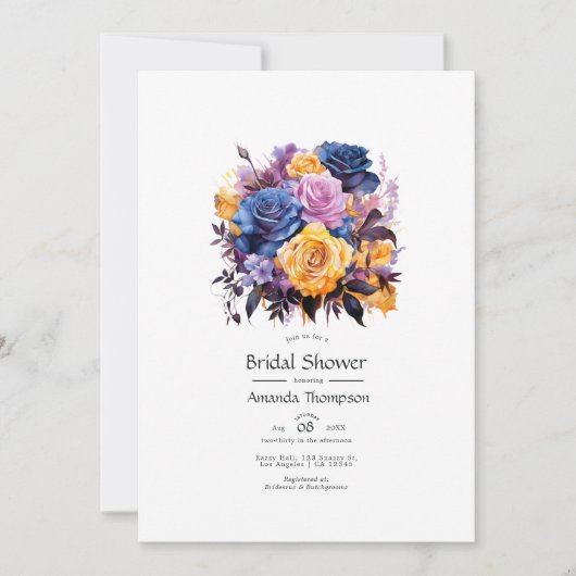 青、紫、金ゴールド、および黒のフローラブライダルシャワー 招待状 (正面)