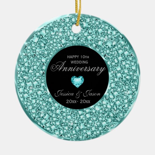 青 – 緑と白のダイアモンズシルバーハート セラミックオーナメント (正面)