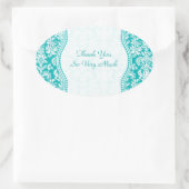 青 – 緑と白のフローラのマスクのパターン 楕円形シール (バッグ)