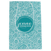 青 – 緑と白のヴィンテージペイズリーパターン ミディアムペーパーバッグ (正面)