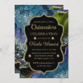 青、緑と金のラメがきらきらするアゲートのキンセアニエラ 招待状 (正面/裏面)
