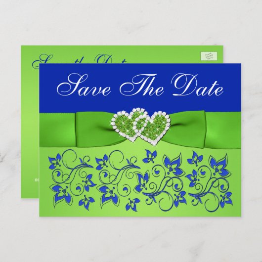青、緑のフローラ、ハート日付はがきを保存 案内ポストカード (正面/裏面)