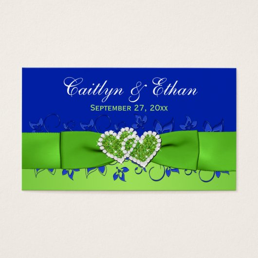 青、緑のフローラ、ハート結婚式の引き出物ラベル (正面)