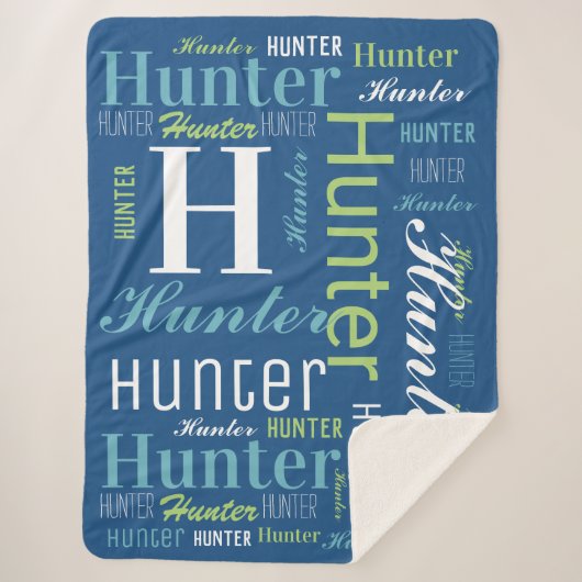 青 – 緑の名前とモノグラムクラウドワードアート シェルパブランケット (正面)