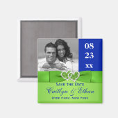 青、緑の結合ハート日付磁石を保存 マグネット (正面/裏面)