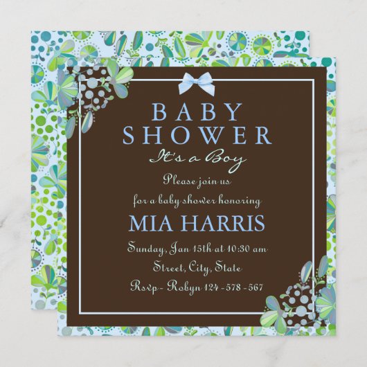 青&緑の緑豊かなフローラベビーシャワー招待状 招待状 (正面/裏面)