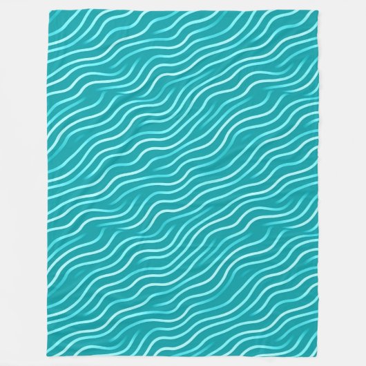 青/緑の背景の白い波線 フリースブランケット (正面)