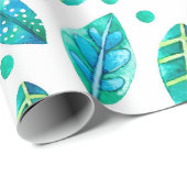 青 – 緑の葉のシームレスパターン ラッピングペーパー (ロールコーナー)