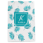 青 – 緑の葉パターン ミディアムペーパーバッグ (正面)