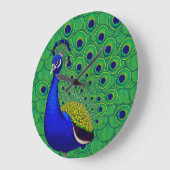 青 – 緑の黄色い孔雀の壁紙 ラージ壁時計 (傾斜)