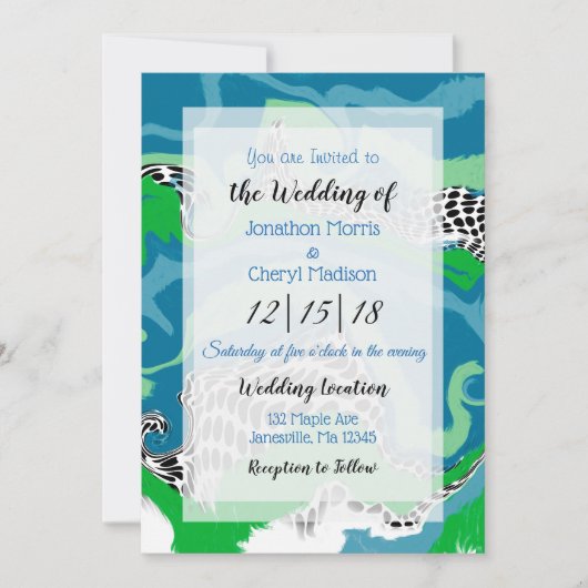 青、緑の黒と白の大理石結婚の 招待状 (正面)