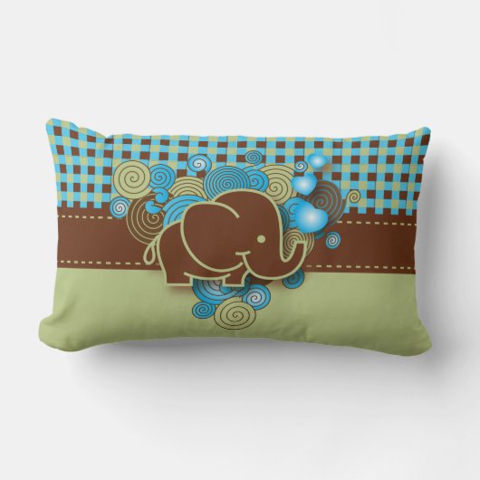 青、緑及びブラウンの格子縞のベビー象 ランバークッション (正面)