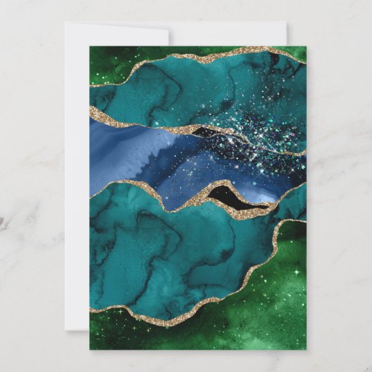 青、緑、および金ゴールドグリッターゲートのフレーム誕生日 招待状 (裏面)