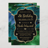 青、緑、および金ゴールドグリッターゲートのフレーム誕生日 招待状 (正面/裏面)