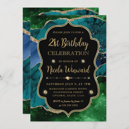 青、緑、および金ゴールドグリッターゲートのフレーム誕生日 招待状 (正面/裏面)