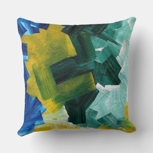 青、緑、および黄色の抽象芸術ブラシストローク クッション (裏面)