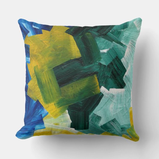 青、緑、および黄色の抽象芸術ブラシストローク クッション (正面)