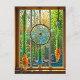 青、緑、オレンジの羽毛のドリームキャッチャー ポストカード