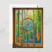 青、緑、オレンジの羽毛のドリームキャッチャー ポストカード (正面/裏面)