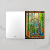 青、緑、オレンジの羽毛のドリームキャッチャー 箔グリーティングカード (外側レイダウン)