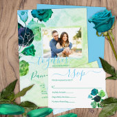 青、緑、ターコイズバラ結婚ズシルバー 箔招待状