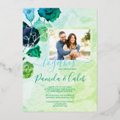 青、緑、ターコイズバラ結婚ズシルバー 箔招待状 (正面)