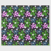 青、緑、ピンクのファンキー花 ラッピングペーパー (フラット)