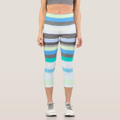 青、緑、灰色の抽象芸術ストライプ カプリレギンス (正面)