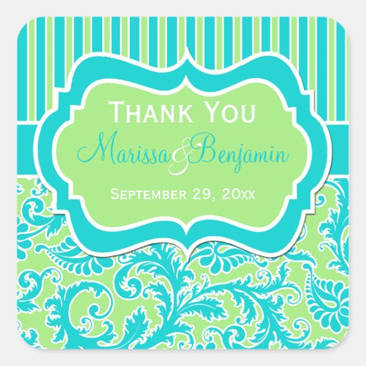 青、緑、白のダマスクのステッストライプのカー スクエアシール (正面)