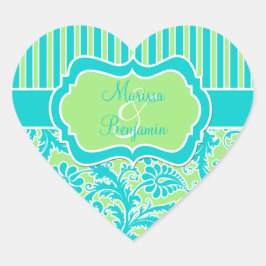 青、緑、白のダマスクのステッストライプのカー ハートシール