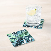 青、緑、白の渦巻き抽象芸術流体アート スクエアペーパーコースター (インサイチュ)