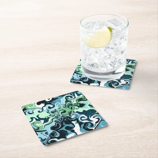 青、緑、白の渦巻き抽象芸術流体アート スクエアペーパーコースター (インサイチュ)