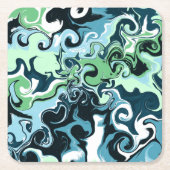 青、緑、白の渦巻き抽象芸術流体アート スクエアペーパーコースター (正面)