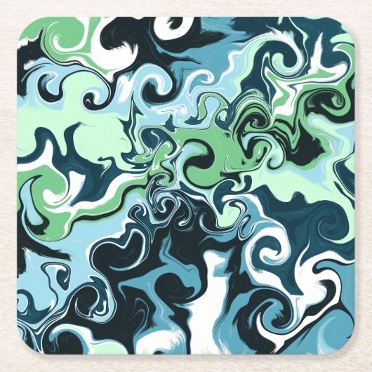 青、緑、白の渦巻き抽象芸術流体アート スクエアペーパーコースター (正面)