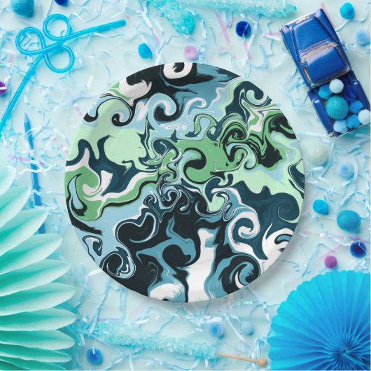 青、緑、白の渦巻き抽象芸術流体アート ペーパープレート (パーティー)