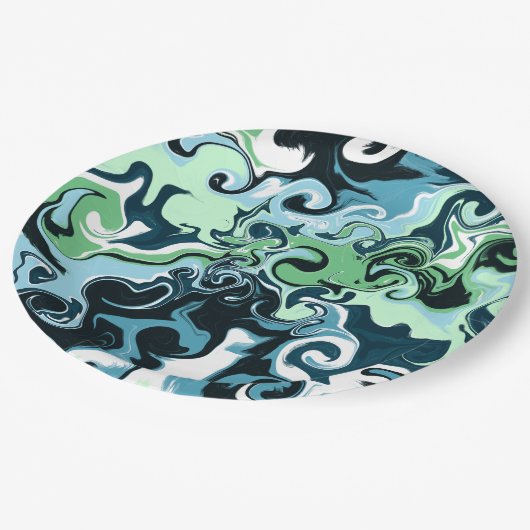 青、緑、白の渦巻き抽象芸術流体アート ペーパープレート (アングル)