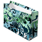 青、緑、白の渦巻き抽象芸術流体アート ラージペーパーバッグ (正面アングル)
