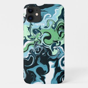 青、緑、白の渦巻き抽象芸術流体アート iPhone 11 ケース