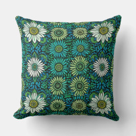青、緑、白の花柄 クッション