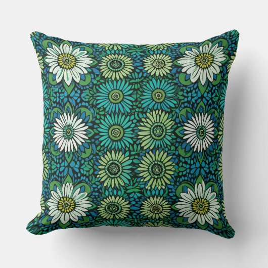 青、緑、白の花柄 クッション (正面)