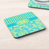 青、緑、白ダマスクストライプのコースターセット(6) コースター (左側)