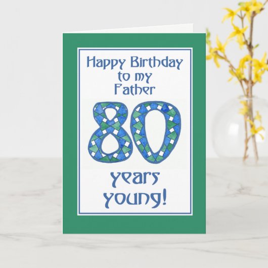 青、緑、白80誕生日父 カード (黄色い花)
