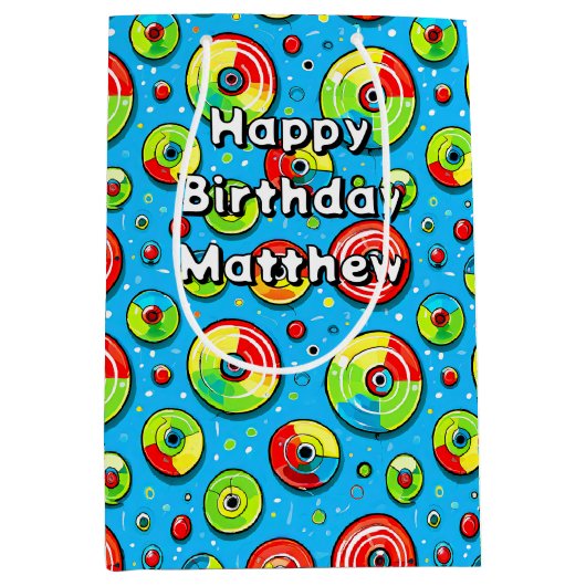 青、緑、赤ディスクゴルフをテーマにした誕生日 ミディアムペーパーバッグ (正面)