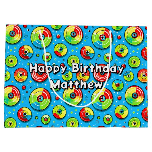 青、緑、赤ディスクゴルフをテーマにした誕生日 ラージペーパーバッグ (裏面)