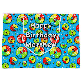 青、緑、赤ディスクゴルフをテーマにした誕生日 ラージペーパーバッグ