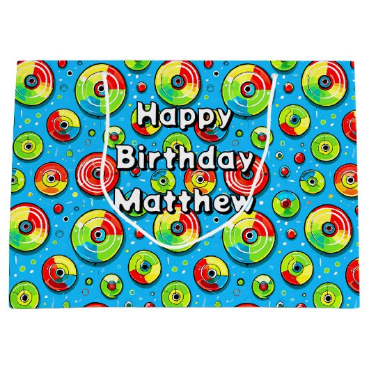 青、緑、赤ディスクゴルフをテーマにした誕生日 ラージペーパーバッグ (正面)